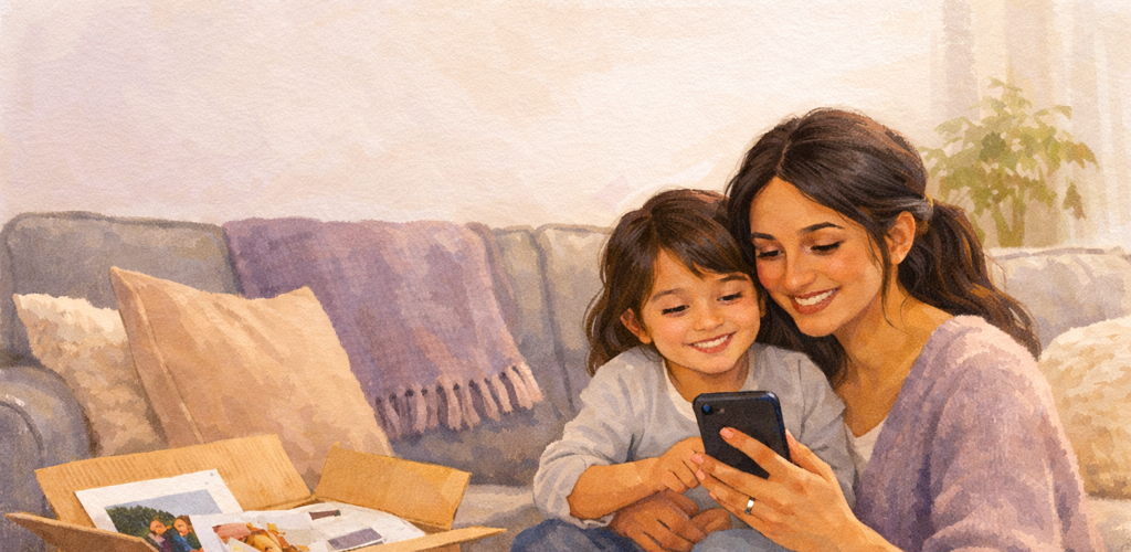 Mother and daughter looking at phone together on couch with printed photos in box